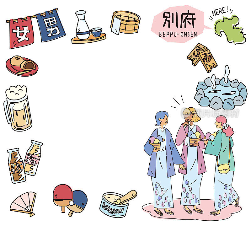 日本大分别府温泉和一套温泉图标以及穿着浴衣的女性朋友(线条画)