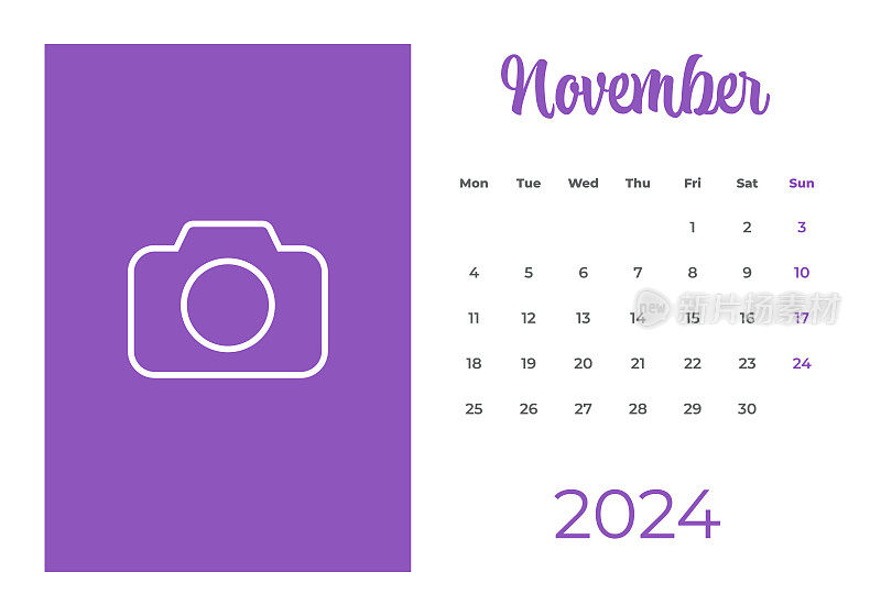 2024年11月-日历与照片或插图的地方。日历矢量模板为2024年。这一周从星期一开始