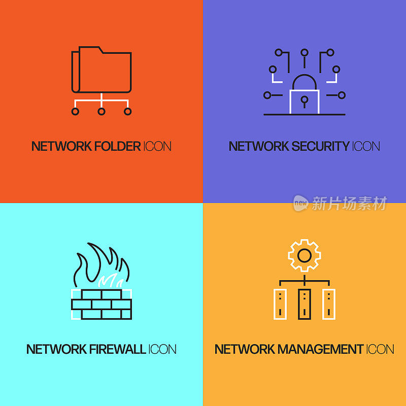 网络技术相关的矢量线图标。轮廓符号集合