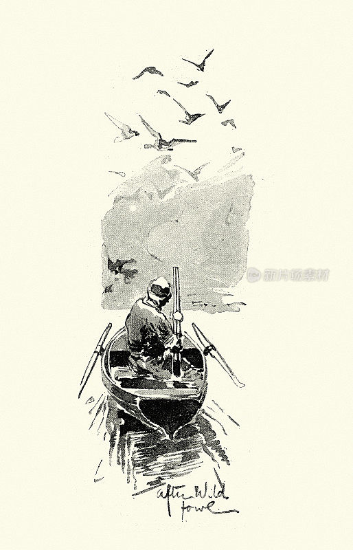 猎人从船上射击鹅的素描，狩猎野禽，19世纪90年代