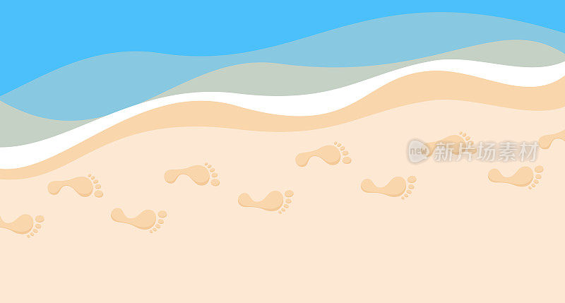 海岸线上沙滩上光脚的脚印。平面矢量图