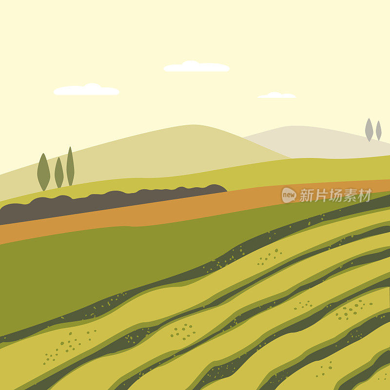 农业景观，农耕理念。矢量插图朴实的自然色彩现代平面风格。土地、田野、山丘