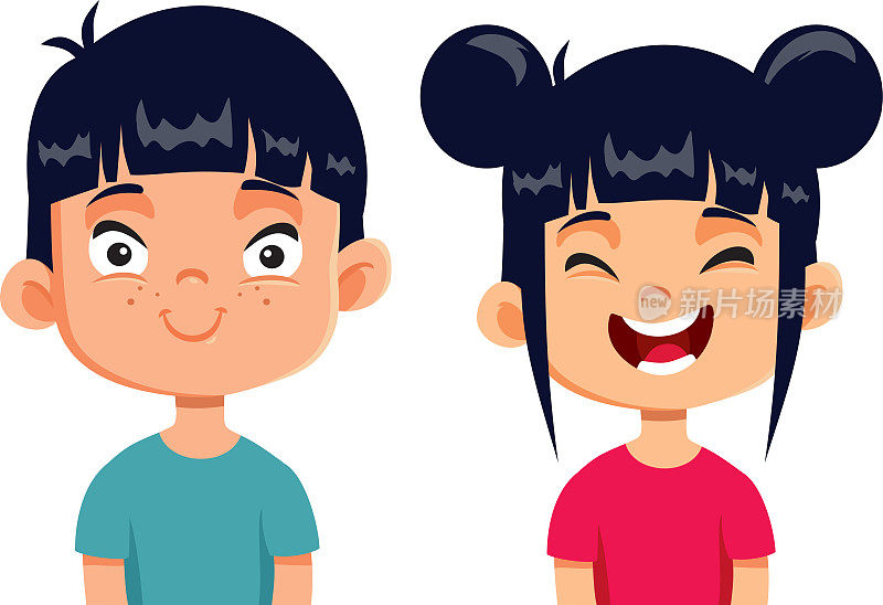 亚洲种族的快乐的孩子微笑在一起矢量卡通插图