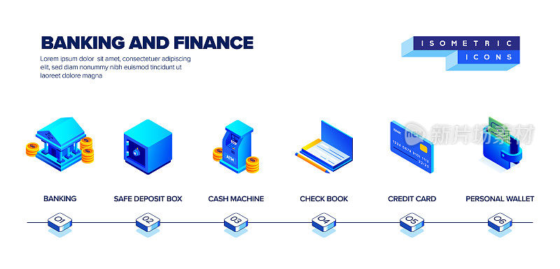 矢量插图银行和金融等距图标集和三维设计。预算，财富，投资，经济，金钱。