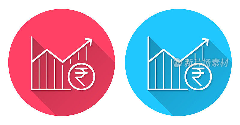 印度卢比硬币的增长图表。圆形图标与长阴影在红色或蓝色的背景