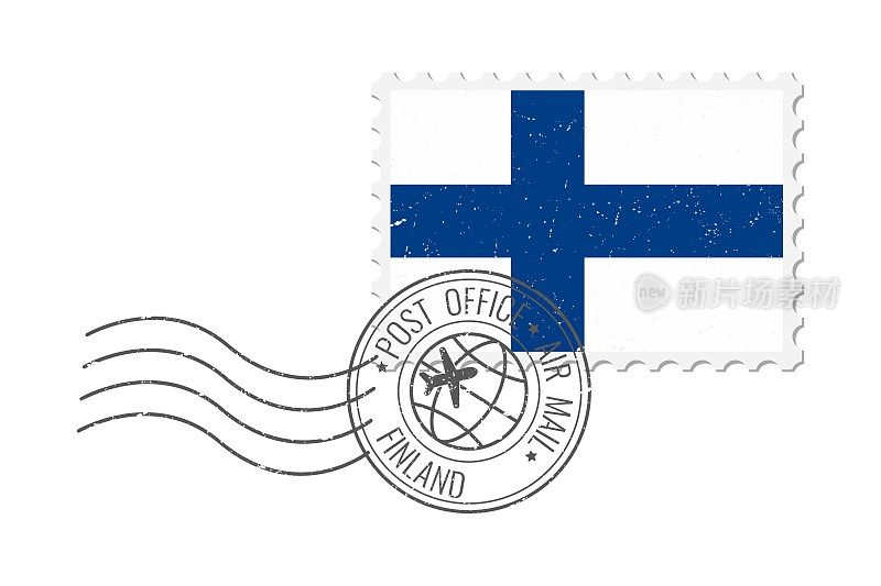 芬兰垃圾邮票。复古明信片矢量插图与芬兰国旗孤立的白色背景。复古的风格。