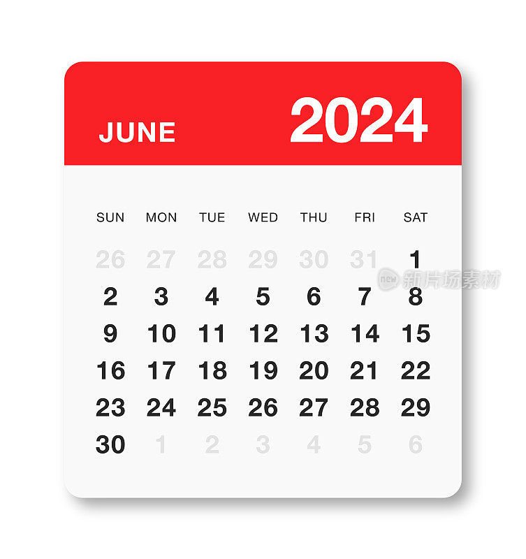 每月2024年6月日历星期日开始