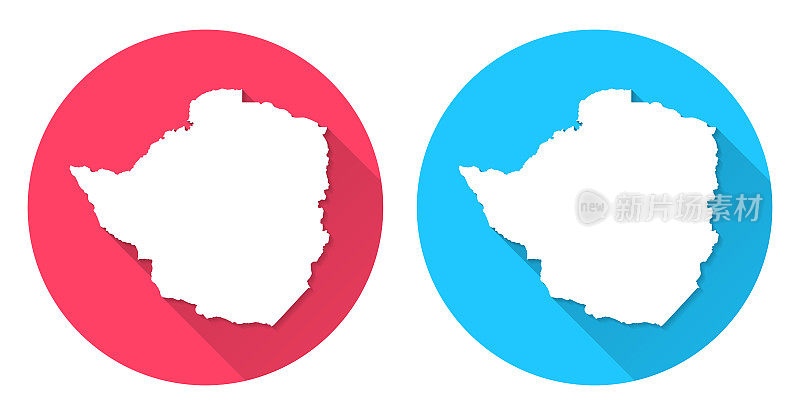 津巴布韦的地图。圆形图标与长阴影在红色或蓝色的背景