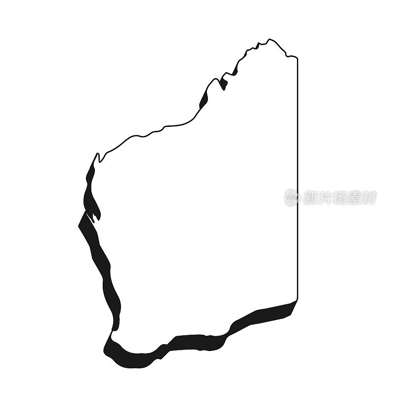 西澳大利亚地图，黑色轮廓，白色背景上的阴影