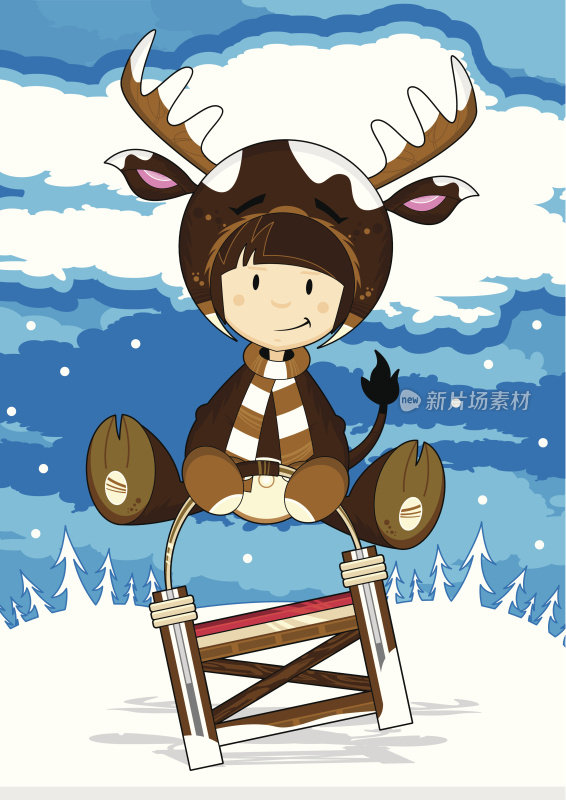 在雪橇上穿着驯鹿服装的女孩