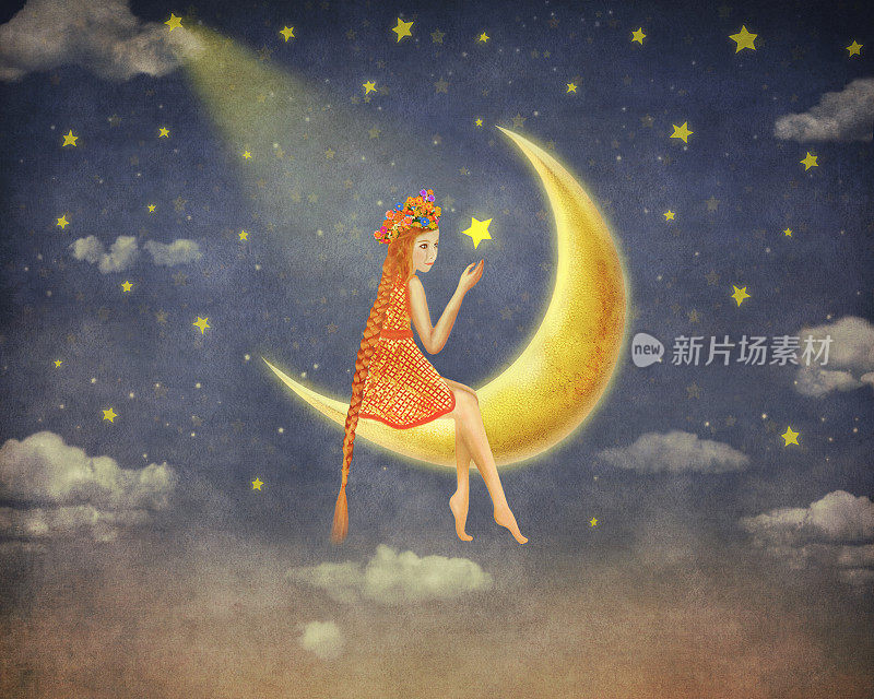 可爱的女孩坐在夜空中的月亮上的插图