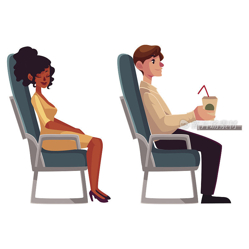 飞机上的乘客，黑人，非洲妇女和喝咖啡的男人