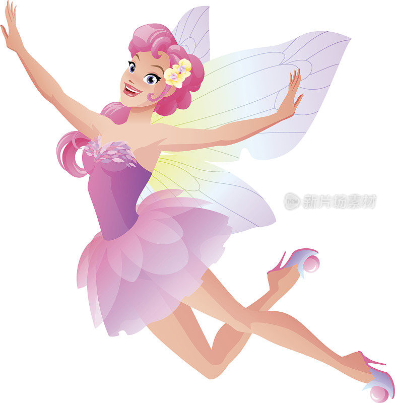 可爱的飞行仙女穿着粉红色的花瓣裙和蝴蝶翅膀