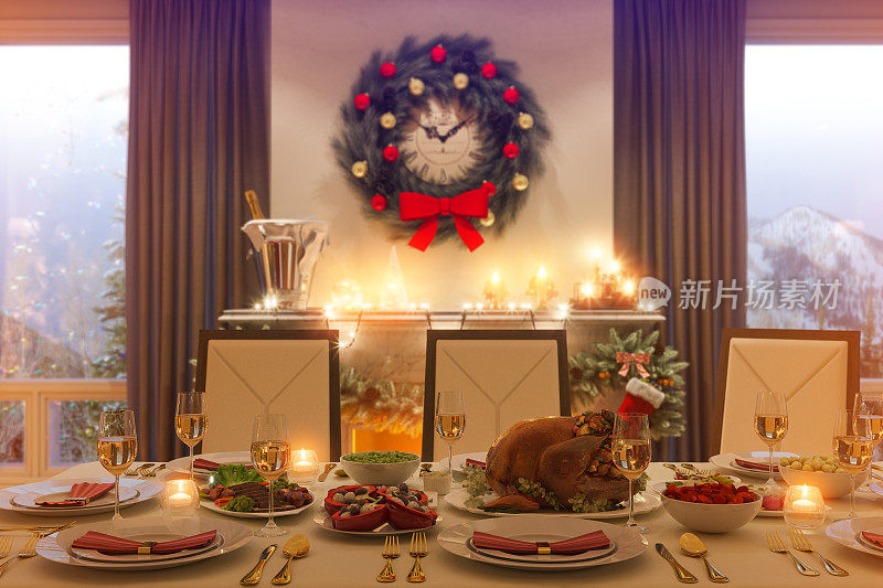 圣诞家庭餐桌和壁炉的3d插图