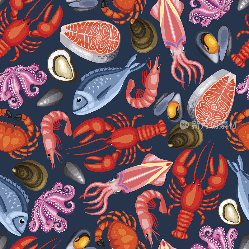 无缝模式与各种海鲜。鱼，贝类和甲壳类的插图