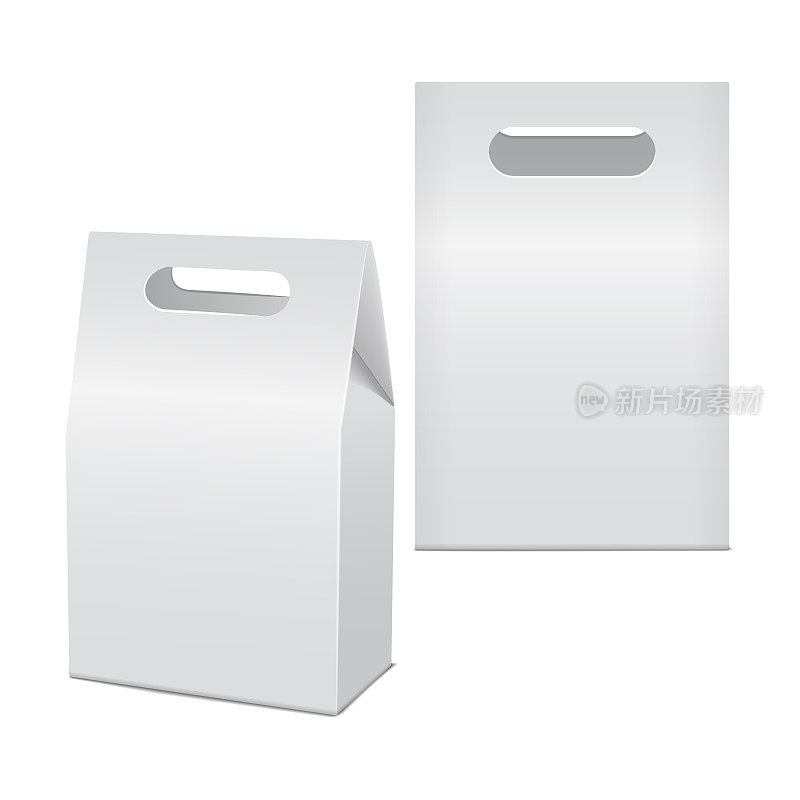 一套逼真的白色3d模型纸板带走食品盒模拟。空的产品容器模板，孤立的矢量插图