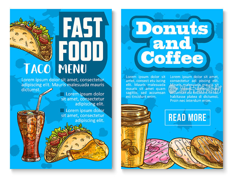 快餐、零食和餐点菜单素描海报