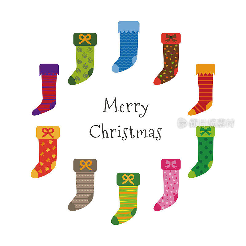 圣诞贺卡和彩色图案的圣诞袜