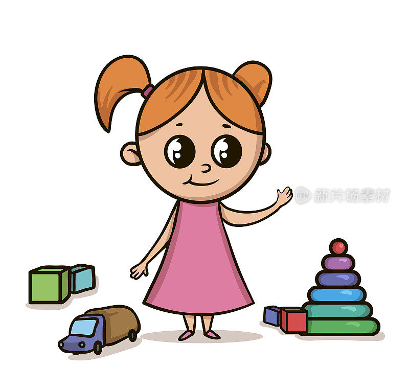 穿着粉红色裙子的小女孩在操场上的玩具中间。孤立的矢量插图上的白色背景。大眼睛卡通风格的人物。