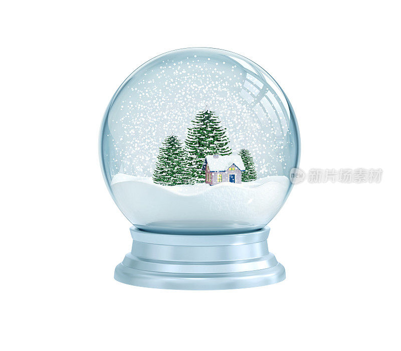 有房子和松树的雪花玻璃球