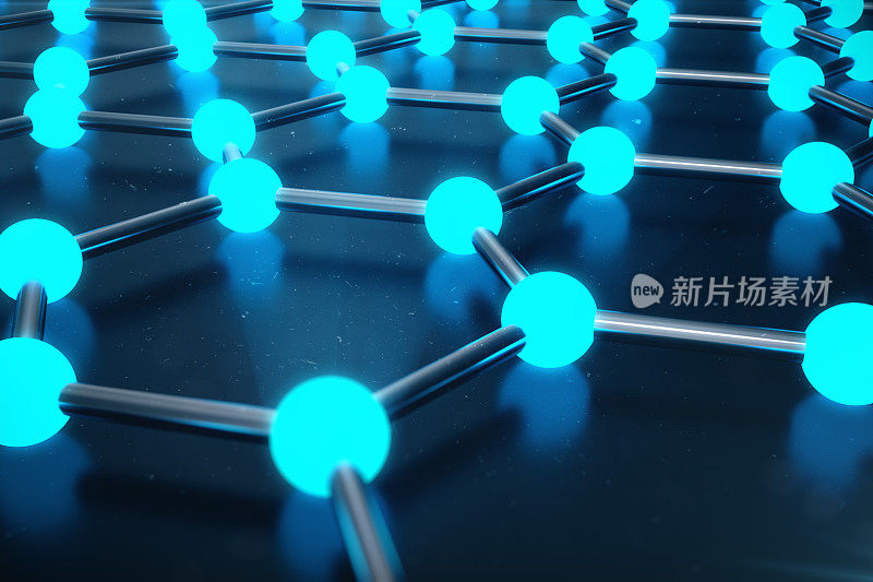 石墨烯原子结构的三维渲染-纳米技术背景插图。