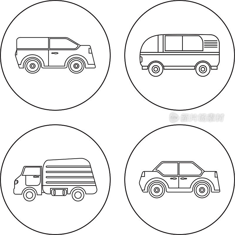 一组以矢量表示的汽车的直线图标。旅游货车、卡车、轿车。