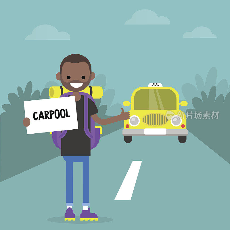 年轻的黑人角色使用汽车共享服务。拼车。一个背包客在路上。平面可编辑矢量插图，剪辑艺术