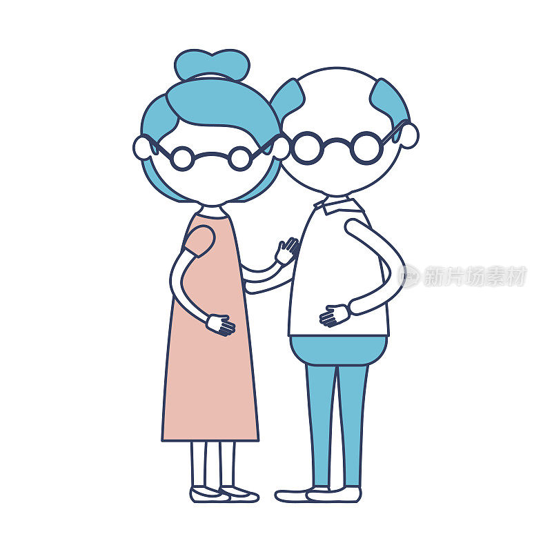 漫画脸无脸部的老人夫妇，戴眼镜的奶奶和发髻收集发型在服装和戴眼镜的爷爷在彩色断面剪影