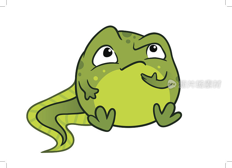 可爱的绿色小蝌蚪蛙的矢量卡通插图，坐在和思考与手在下巴上，孤立在白色的背景。