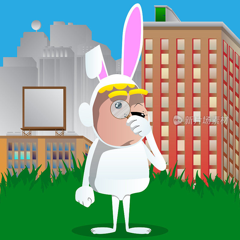 男孩打扮成复活节兔子，拿着放大镜。