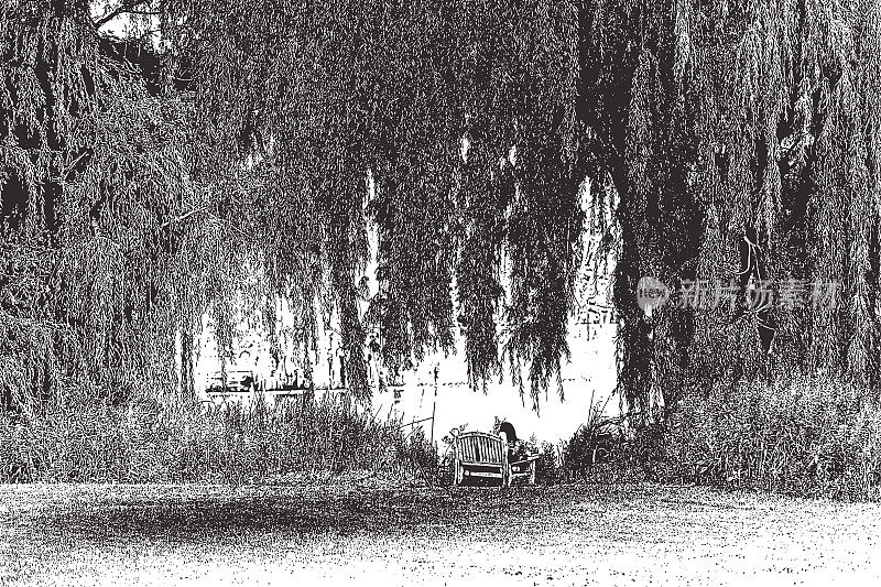 一位年轻女子在柳树下的长凳上休息