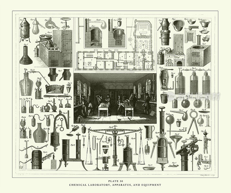 雕刻古董、化学实验室、仪器和设备雕刻古董插图，1851年出版
