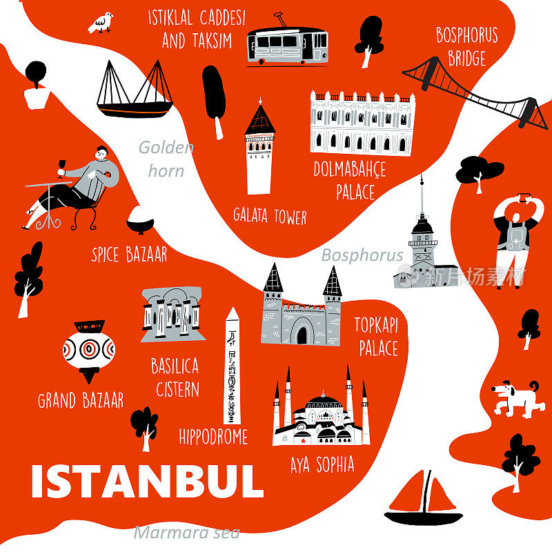 伊斯坦布尔程式化的地图与主要的游客景点和文化符号，在矢量。