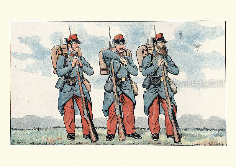 19世纪80年代的法国军装，现役士兵，预备役，属地。19世纪。