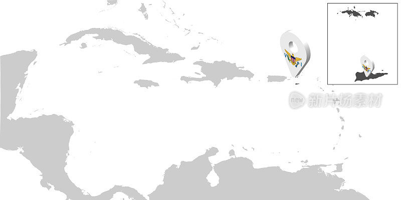 位置地图美属维尔京群岛在地图中美洲。3d美属维尔京群岛旗地图标记定位针。美国。矢量插图EPS10。