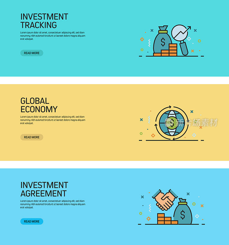 与投资相关的平面线横幅设计与图标