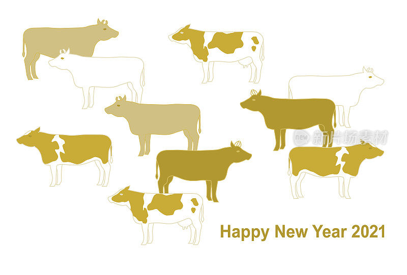 2020年贺年卡。牛年。牛的矢量插图。白色背景。