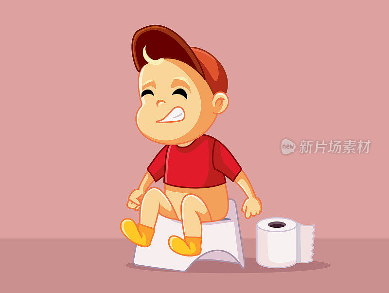 婴儿坐在厕所矢量卡通插图