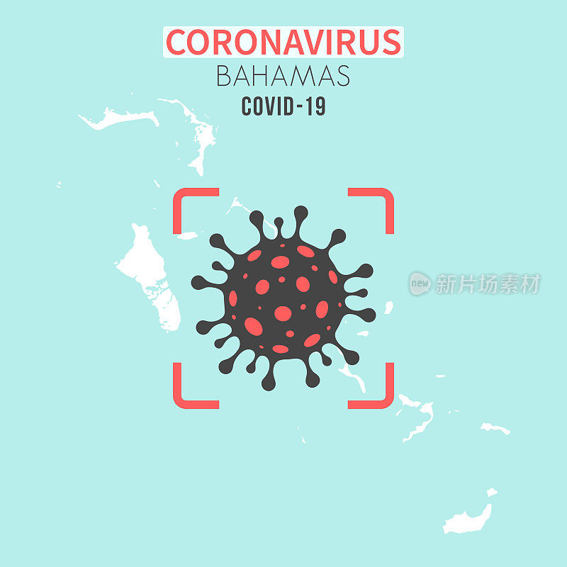 巴哈马地图，红色取景器中有冠状病毒细胞(COVID-19)