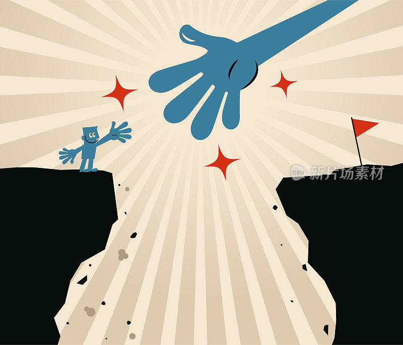 商人站在悬崖的边缘,一面红旗在对面,一只帮助的手帮助他越过悬崖,有伟大的顾问,导师,营销技术和发展指导可以是任何公司的成功的关键