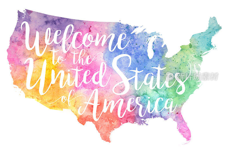 欢迎来到美国栅格水彩地图插图