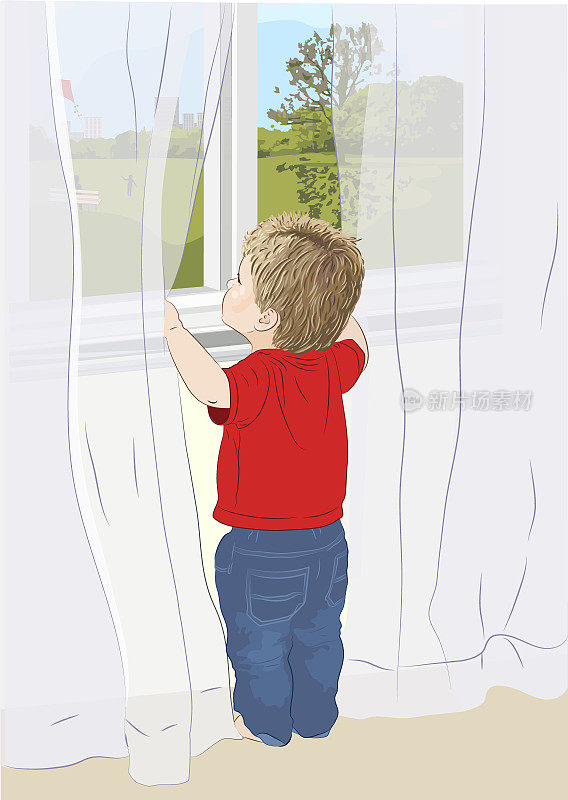 一个男孩在社交隔离期间望着窗外