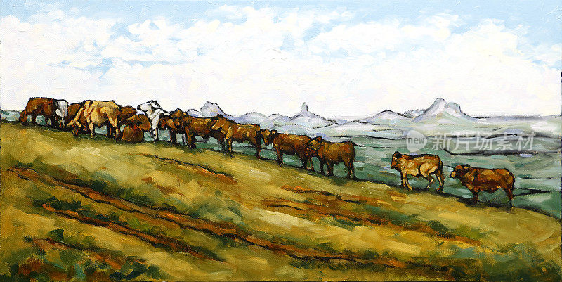 《山坡上的牛群与远处的玻璃屋山》油画