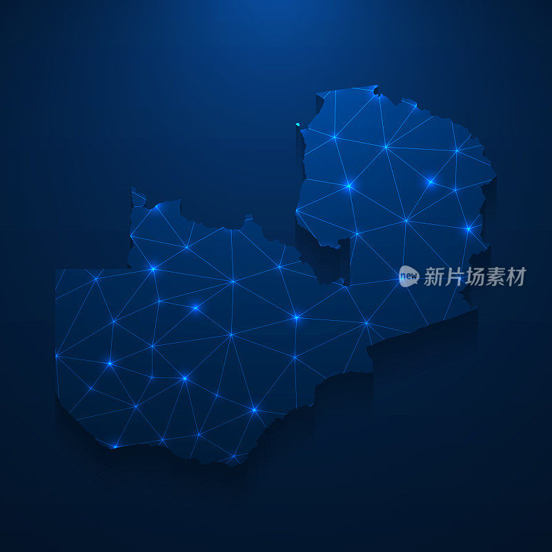 赞比亚地图网络-明亮的网格在深蓝色的背景