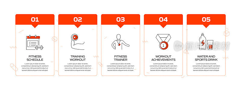 健身和锻炼相关的过程信息图表模板。过程时间图。使用线性图标的工作流布局