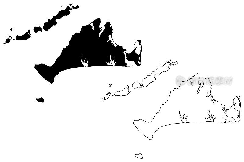 杜克县，联邦马萨诸塞州(美国县，美利坚合众国，美国)地图矢量插图，潦草素描玛莎葡萄园岛，查帕奎迪克，伊丽莎白和诺曼岛岛地图