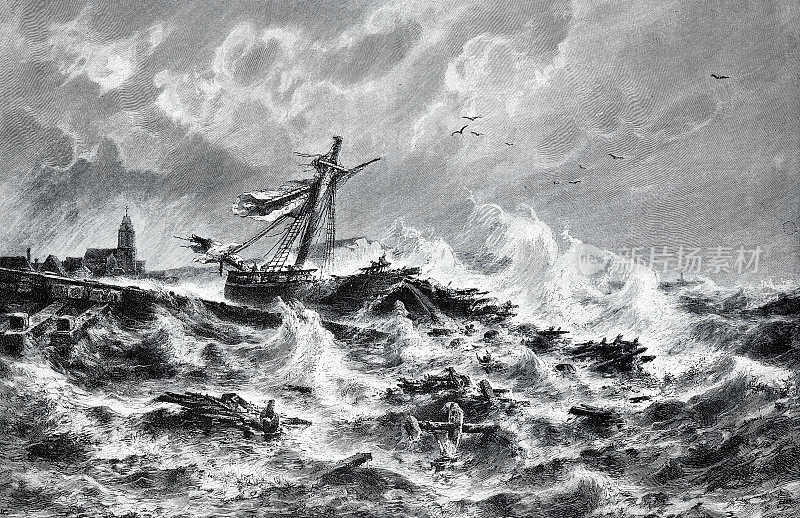 在大浪中被毁的船只