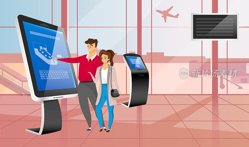微笑的夫妇与机场自助服务站平面彩色矢量插图。在办理登机手续时，游客看到了一些不知名的卡通人物。人们使用交互式触摸屏面板