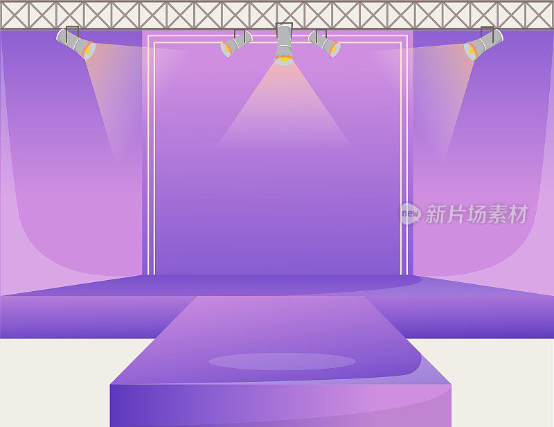 紫色的跑道平台平面颜色矢量插图。空的讲台上舞台。走猫步的聚光灯。时装周展示区。提交新托收。时装秀的背景