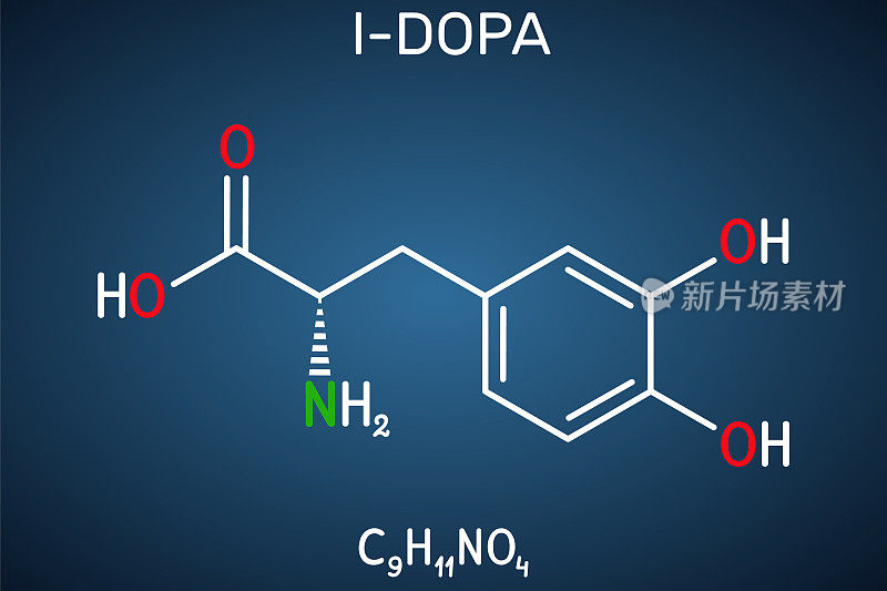 左旋多巴,左旋多巴的分子。它是一种氨基酸，用于增加多巴胺浓度治疗帕金森氏症。深蓝色的背景
